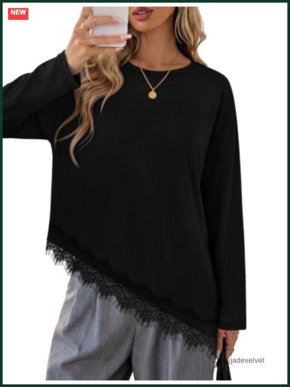 Long Sleeve Tunic for Women - Crew Neck Lace Hem Blouse Top